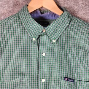 Chaps Mens Plaid Button Down Shirt Easy Care Green Blue XL Long Sleeve Casual